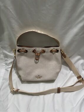 kate spade Cream Canvas Drawstring Shoulder Bag with Gold Hardware